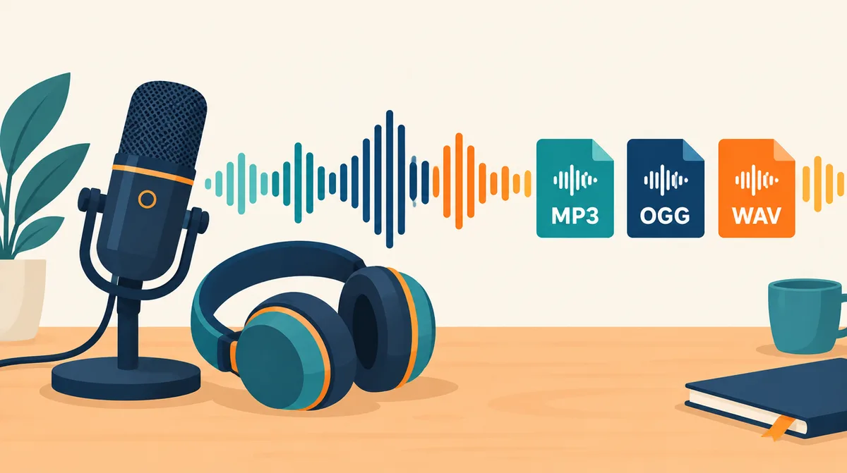 Ilustración de un micrófono, auriculares, una onda de sonido e iconos de archivos MP3, OGG y WAV