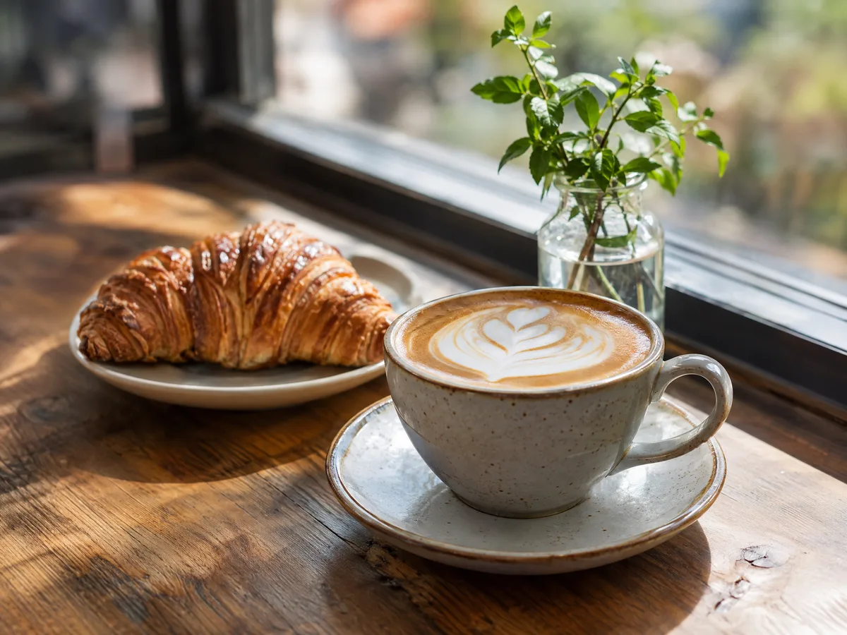 Café con leche y cruasán sobre una mesa de madera junto a la ventana, versión reducida del original de 2048×1536