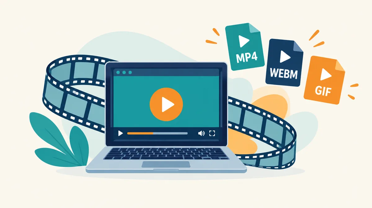 Ilustración de un reproductor de vídeo en un portátil, una tira de película e iconos de archivos MP4, WEBM y GIF
